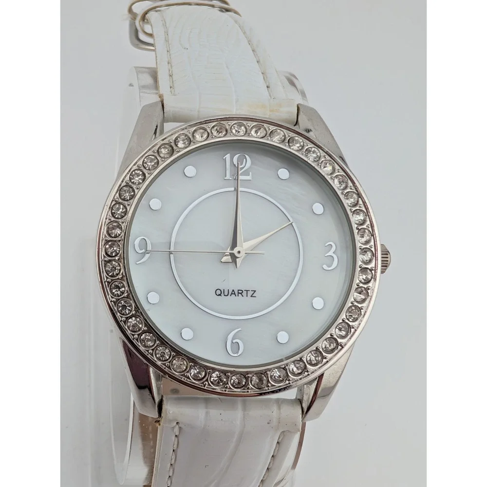 Women's‎ Quartz Watch 36mm Case Pave Bevel White Faux Leather Band- New Battery